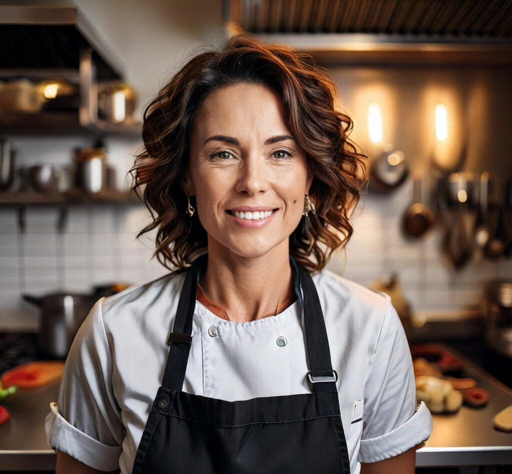 About Me: Portrait of Mercy, a passionate chef and creator of UR Quick Recipes, wearing a chef's uniform in a modern kitchen.