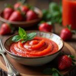 A smooth and vibrant red strawberry puree in a small bowl, with fresh whole strawberries and a spoon placed nearby. The puree has a thick, velvety texture, showcasing its rich, natural color.