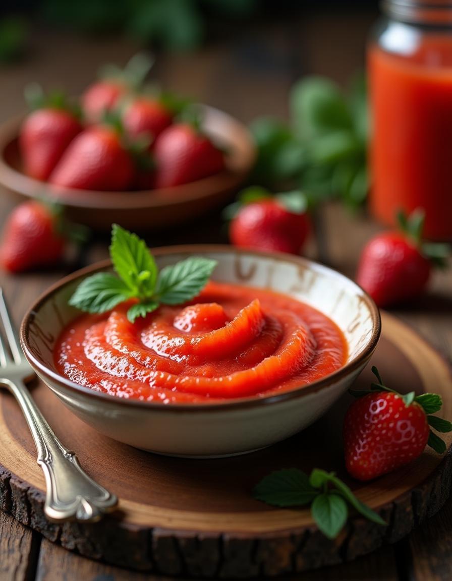 A smooth and vibrant red strawberry puree in a small bowl, with fresh whole strawberries and a spoon placed nearby. The puree has a thick, velvety texture, showcasing its rich, natural color.