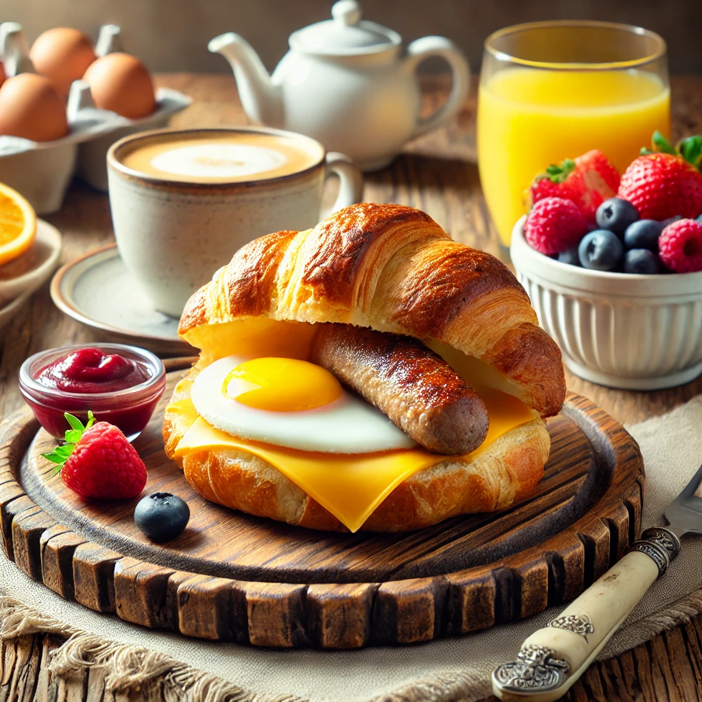 A beautifully arranged breakfast featuring a golden-brown sausage egg and cheese croissant on a rustic wooden plate, accompanied by a small bowl of mixed fresh berries, a steaming cup of coffee, and a glass of orange juice on a wooden table with a cozy kitchen background.