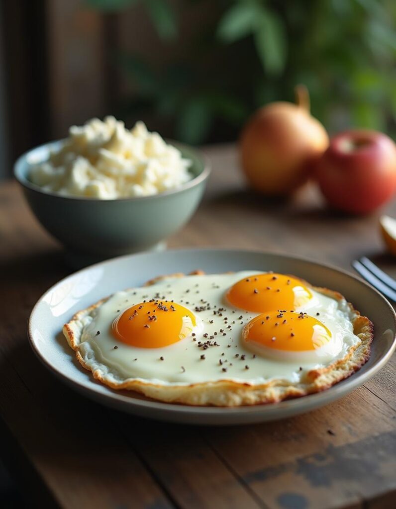 A close-up of creamy cottage cheese and eggs on a plate, garnished with a sprinkle of chives, perfect for a light yet filling breakfast.