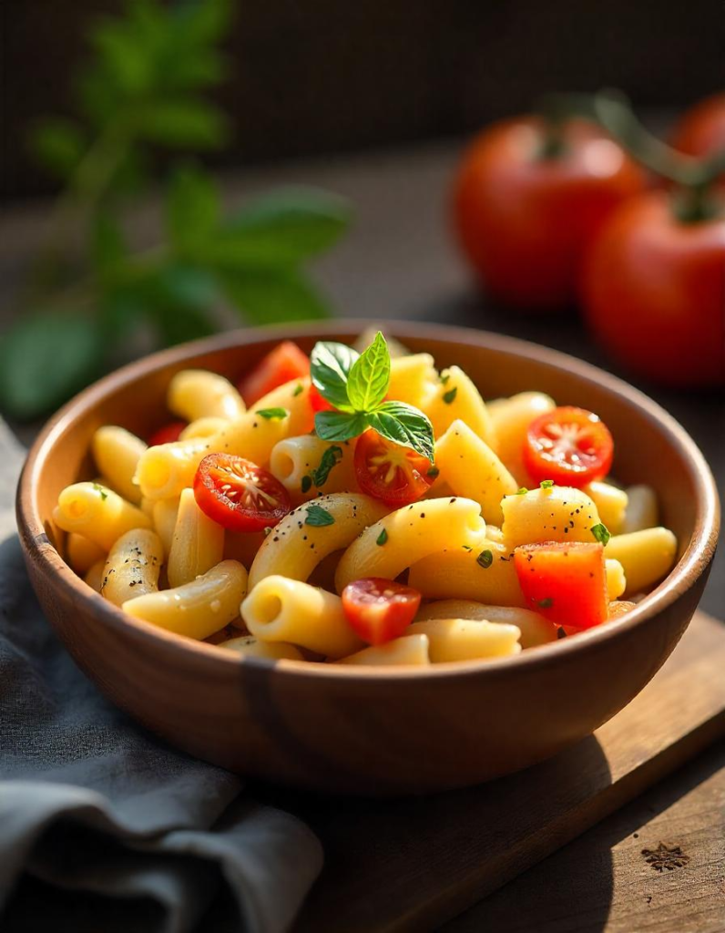 A bowl of creamy macaroni pasta topped with fresh, diced tomatoes and a sprinkle of herbs