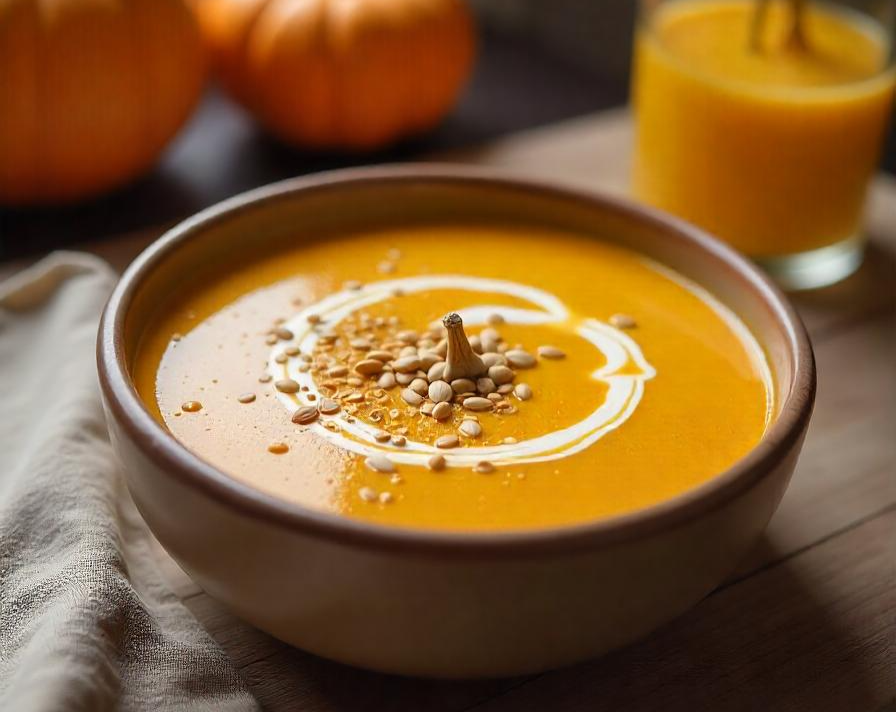 Close-up of a comforting pumpkin recipe soup with a sprinkle of roasted pumpkin seeds, served in a rustic ceramic bowl on a wooden table, warm autumnal light streaming through a window, autumn season.
