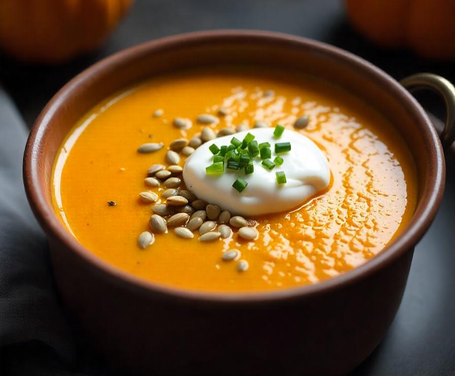 Close-up of a comforting pumpkin recipe soup with a sprinkle of roasted pumpkin seeds, topped with a dollop of sour cream and chives