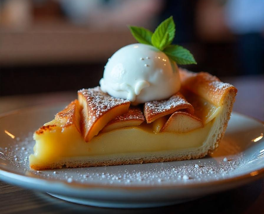 A slice of puff pastry apple tart with a crisp outer layer, topped with tender, cinnamon-spiced apple slices and a hint of glaze, served with a scoop of vanilla ice cream, garnished with a sprig of mint, photographed in a brightly lit dessert shop