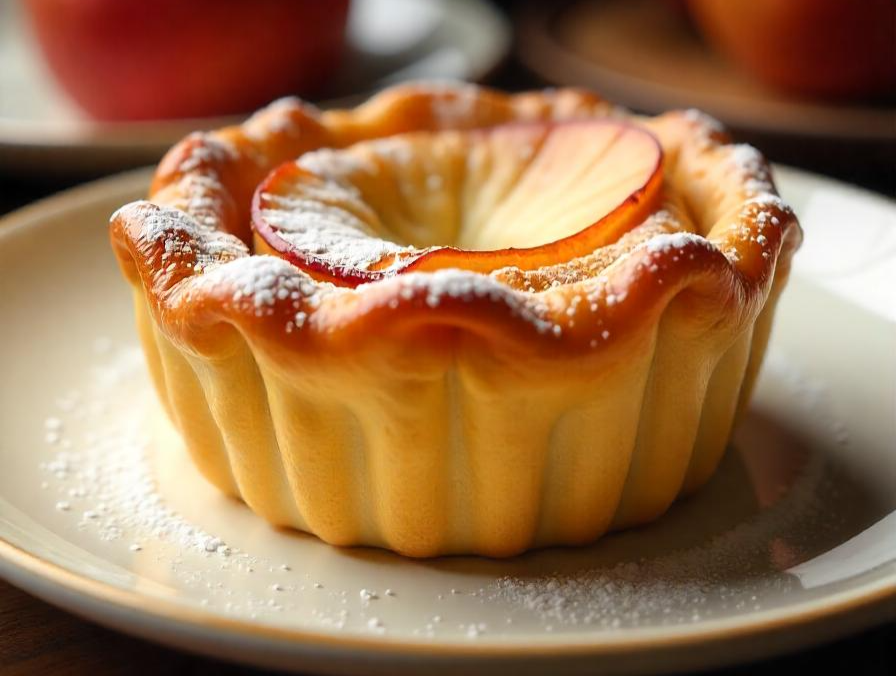 A close-up shot of a puff pastry apple tart with a glistening, caramelized surface, dusted with powdered sugar, served on a delicate porcelain plate in a dimly lit, cozy cafe.