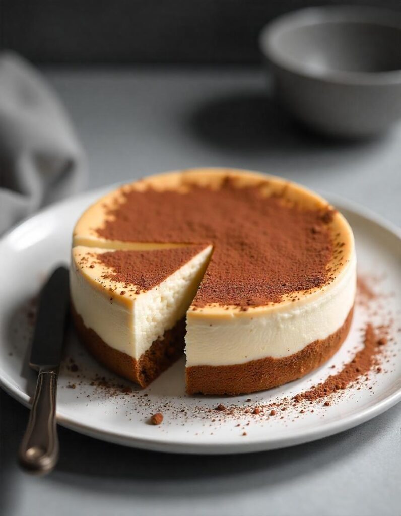 Whole tiramisu cheesecake on a plate, decorated with cocoa powder 